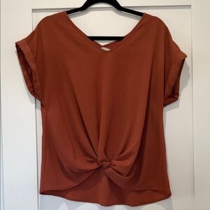 Rose & Olive Knot-Front V-Neck Top - Rust Orange